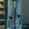 Washed Ripped Jeans Tie Loose Wide Leg Pants